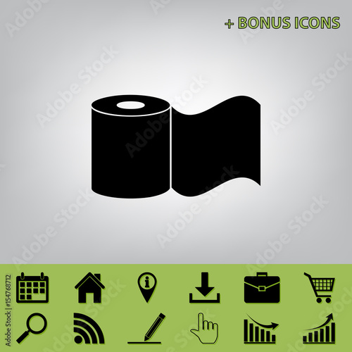Toilet Paper sign. Vector. Black icon at gray background with bonus icons at celery ones