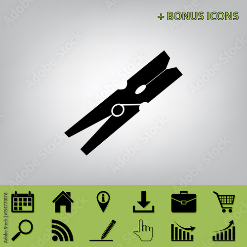 Clothes peg sign. Vector. Black icon at gray background with bonus icons at celery ones