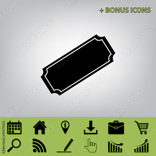 Ticket sign illustration. Vector. Black icon at gray background with bonus icons at celery ones