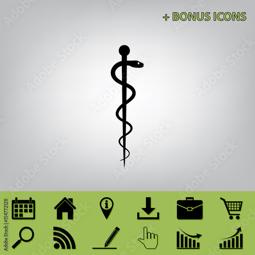 Symbol of the Medicine. Vector. Black icon at gray background with bonus icons at celery ones