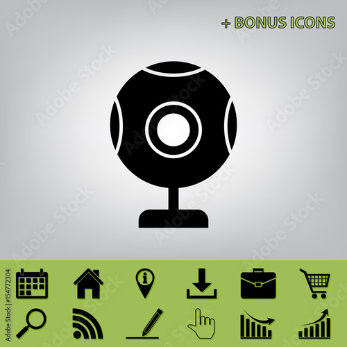 Chat web camera sign. Vector. Black icon at gray background with bonus icons at celery ones