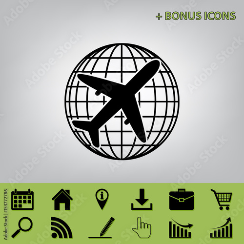 Globe and plane travel sign. Vector. Black icon at gray background with bonus icons at celery ones