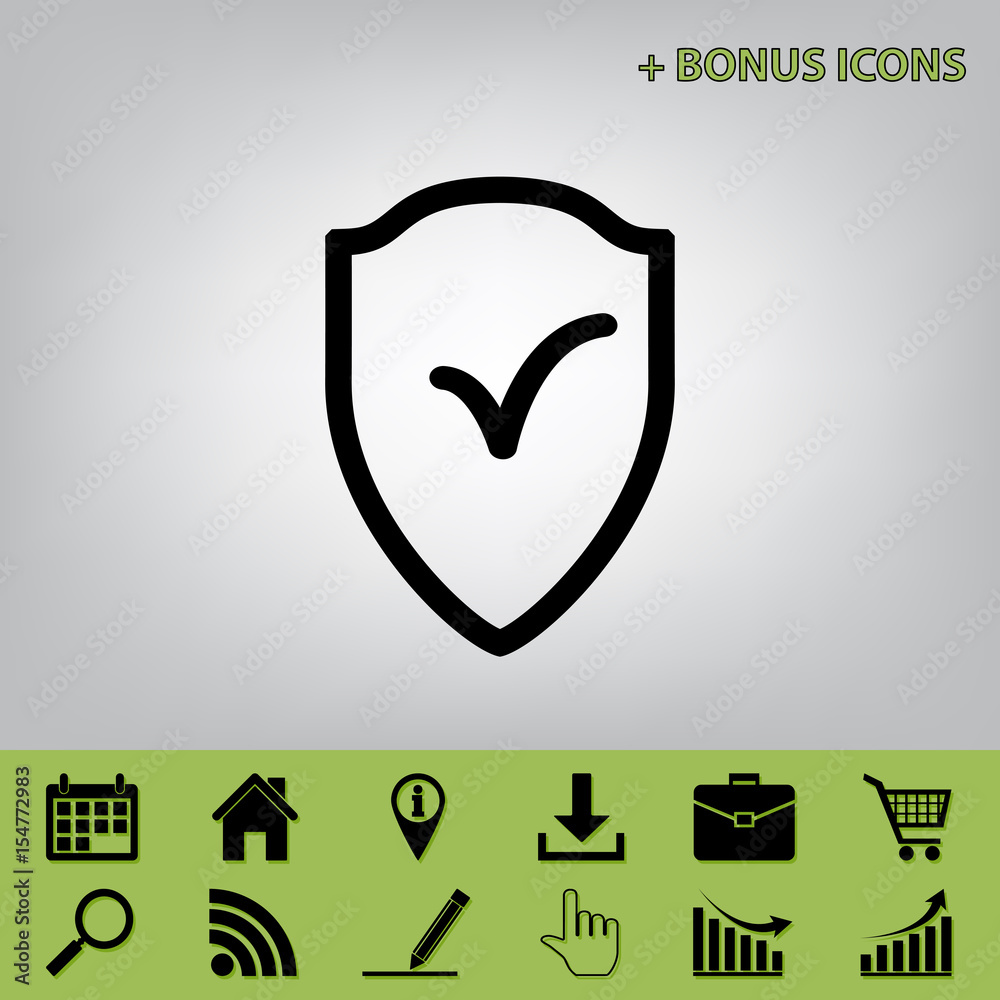 Shield sign as protection and insurance symbol. Vector. Black icon at gray background with bonus icons at celery ones Shield sign as protection and insurance symbol. Vector. Black icon at gray background with bonus icons at celery ones