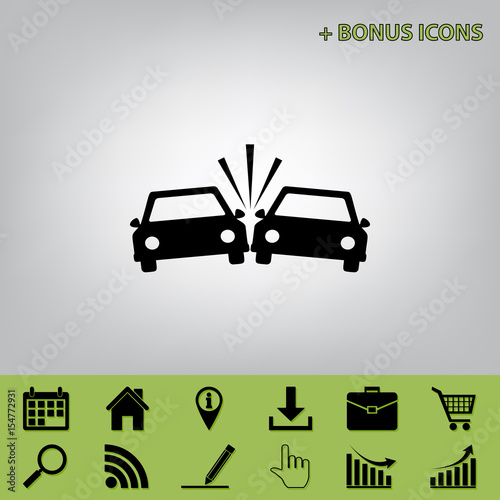 Crashed Cars sign. Vector. Black icon at gray background with bonus icons at celery ones