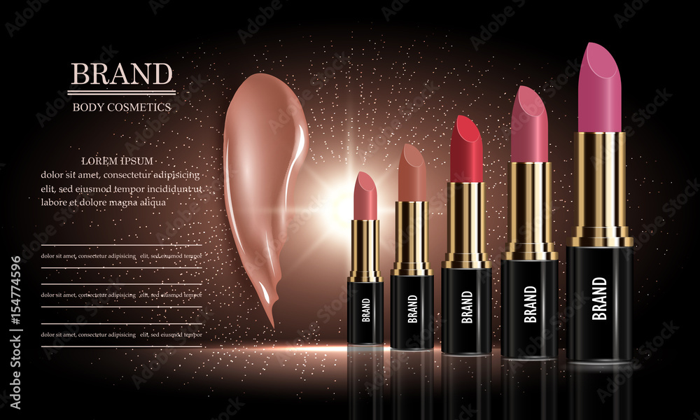 Cosmetics ad set of female lipstick cream packaging different various of  colors and liquid smear for makeup, template for a posters, banners, logos,  realistic mockup vector illustration. Stock Vector | Adobe Stock