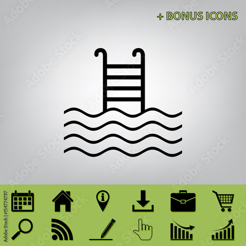 Swimming Pool sign. Vector. Black icon at gray background with bonus icons at celery ones