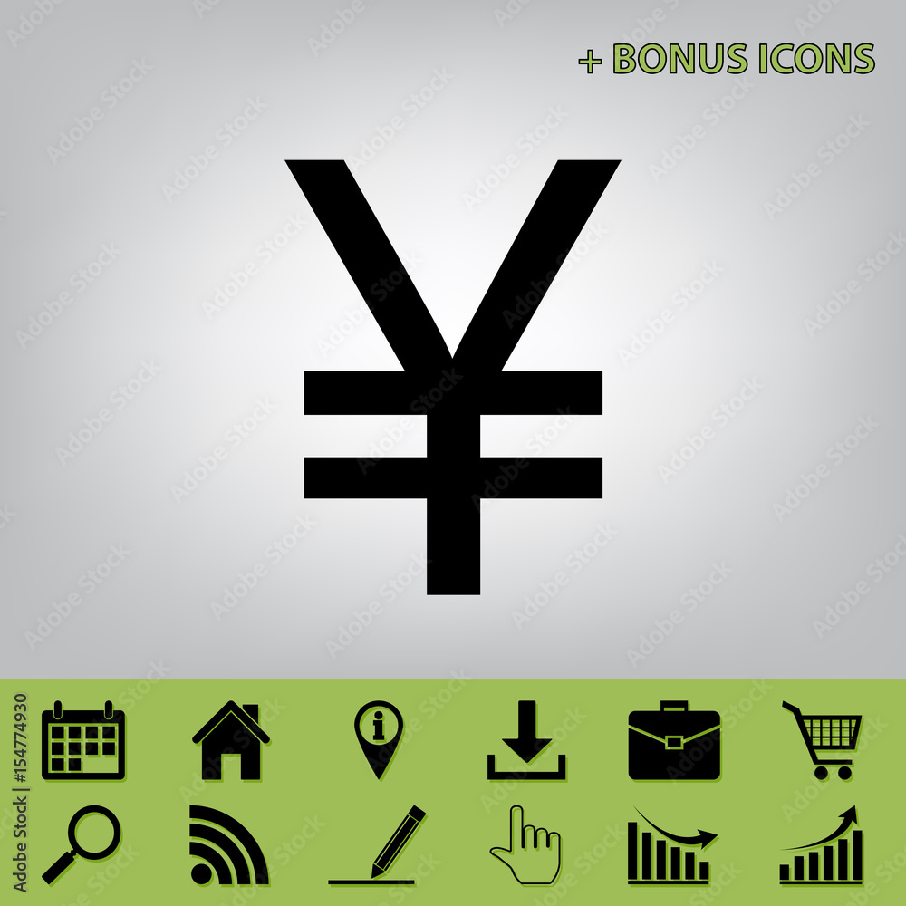 Obraz premium Yen sign. Vector. Black icon at gray background with bonus icons at celery ones