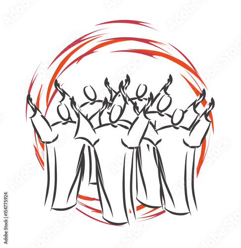 Pentecost - descent of the Holy Spirit in form of tongues of fire, with symbolic people or apostoles. Abstract artistic modern digital watercolor style illustration made without reference image.