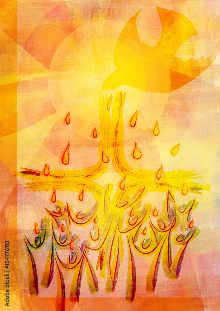 Fototapeta premium Holy Spirit, Pentecost or Confirmation symbol with a dove, people and tongues of flame or fire. Abstract modern religious digital illustration background