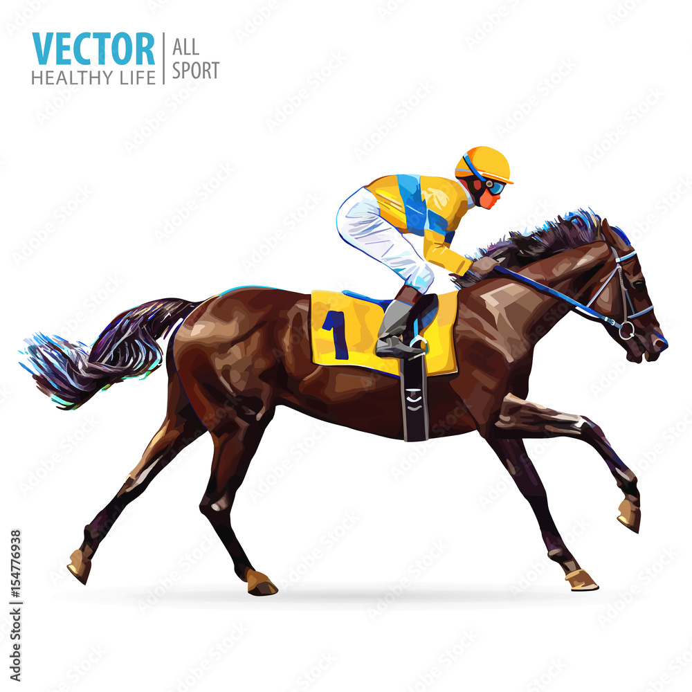 Jockey on horse. Champion. Horse racing. Hippodrome. Racetrack. Jump  racetrack. Horse riding. Racing horse coming first to finish line. Vector  illustration. Stock Vector | Adobe Stock