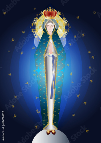 Blessed Virgin Mary - Madonna, with joined hands in prayer, with a crown, standing on the moon with starry night sky in the background; Queen of the Universe. Abstract artistic vector design.