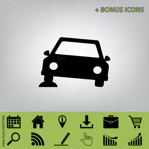 Car parking sign. Vector. Black icon at gray background with bonus icons at celery ones