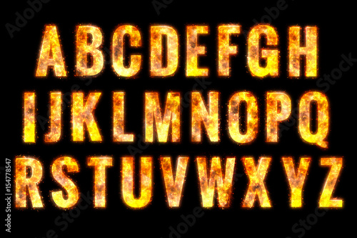Fire alphabet letters. isolated on black background