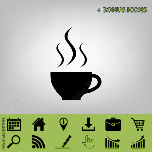 Cup sign with three small streams of smoke. Vector. Black icon at gray background with bonus icons at celery ones