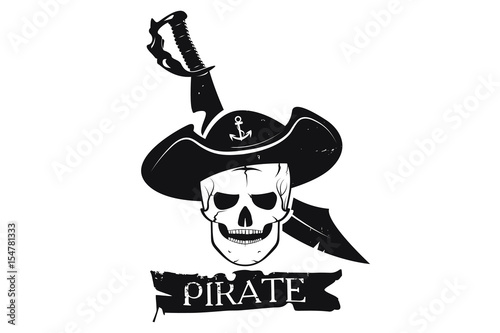 Skull pirate hat and sword. a logo is an emblem of the pirate.  monochrome style. Vector image