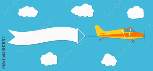 Flying advertising banner. Plane with horizontal banner on blue sky background