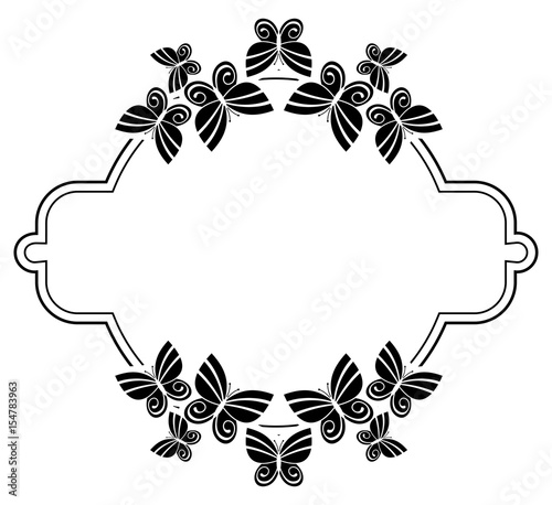 Black and white silhouette round frame with butterflies. Vector clip art.