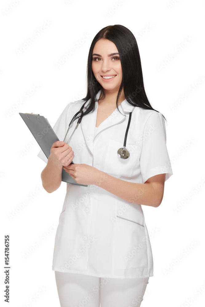 Beautiful brunette doctor in white uniform posing with tablet Beautiful brunette doctor in white uniform posing with tablet