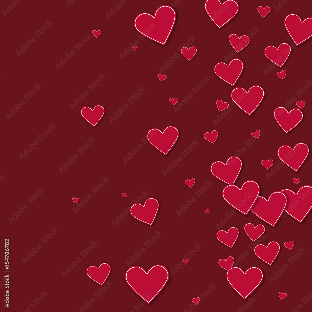 Cutout red paper hearts. Right gradient on wine red background. Vector illustration.