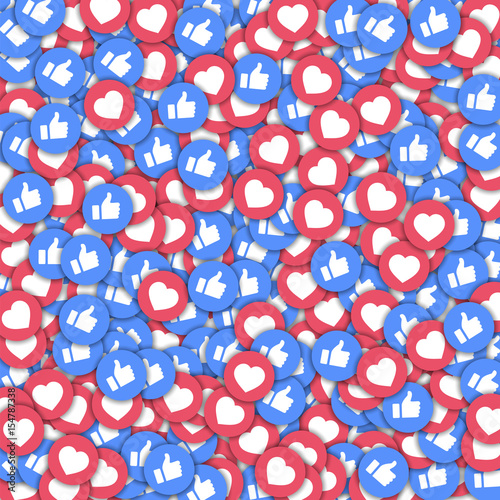  Social media icons in abstract shape background with scattered thumbs up and hearts. Concept in fair vector illustration.