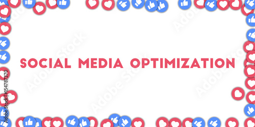 Social media optimization. Social media icons in abstract shape background with scattered thumbs up and hearts. Social media optimization concept in unique vector illustration.