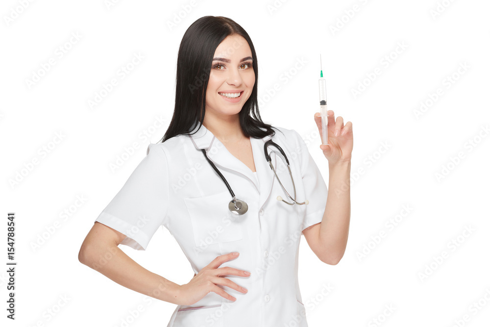 Positivity female doctor posing and showing injection with vaccine. Positivity female doctor posing and showing injection with vaccine.