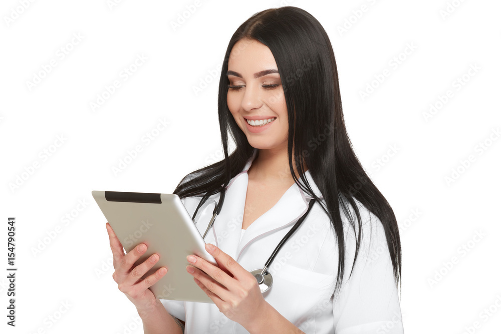 Professional nurse in hospital using modern tablet. Professional nurse in hospital using modern tablet.
