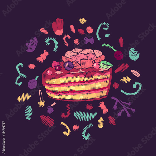Vector embroidery design with cake
