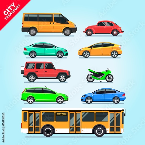 City transport set flat isolated cars  motorcycle  van  bus  taxi on blue background illustration. Multicolored stylish cars mockups  red  blue  green  yellow   turquoise colors