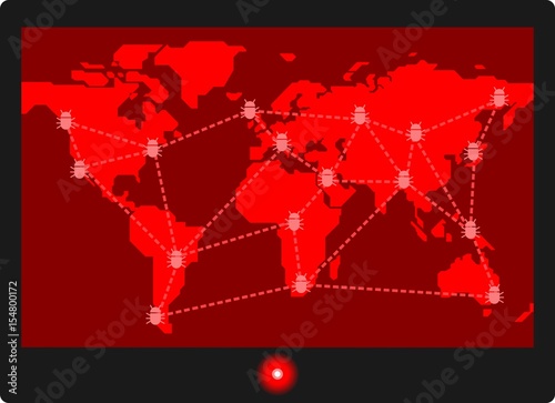 Computer virus ransom ware malware threat red window on screen