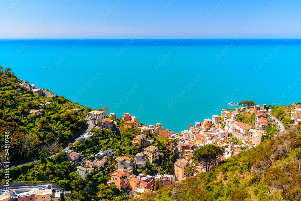 Aerial view of Riomaggiore in Liguria a famous town of the Cinque Terre National Park.