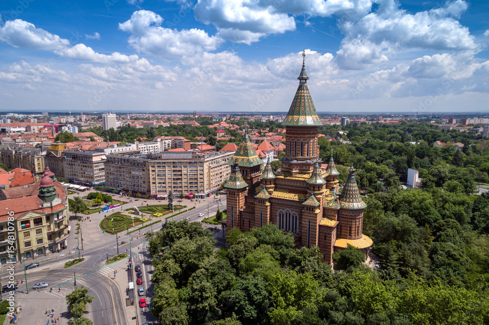 Aerial view of Orthodox Cathedral in Timisoara, Romania taken by a professional drone.