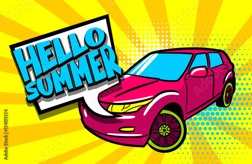 Hello summer phrase SUV car pop art style