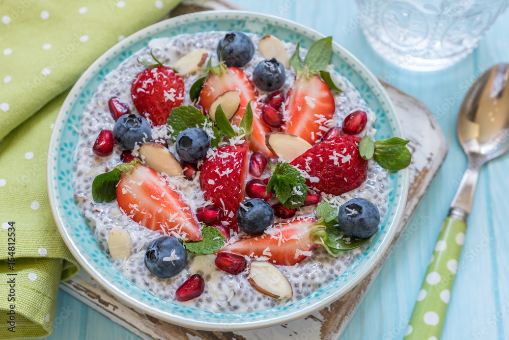 Keto ketogenic, paleo low carb diet not oatmeal breakfast porridge. Coconut Chia Pudding with berries, pomegranate seeds and almond Keto ketogenic, paleo low carb diet not oatmeal breakfast porridge. Coconut Chia Pudding with berries, pomegranate seeds and almond