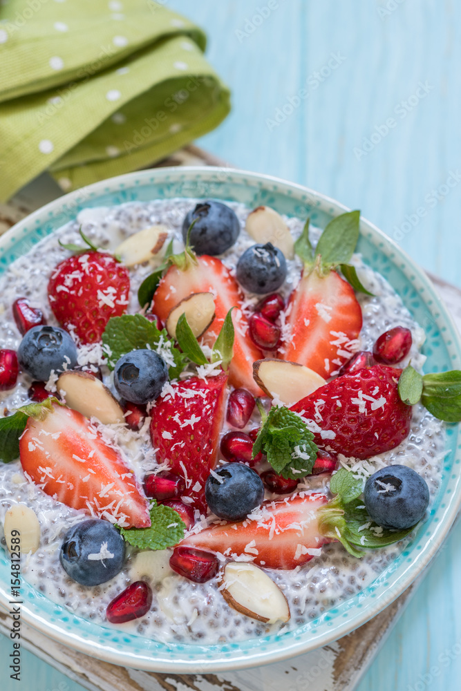 Keto ketogenic, paleo low carb diet not oatmeal breakfast porridge. Coconut Chia Pudding with berries, pomegranate seeds and almond