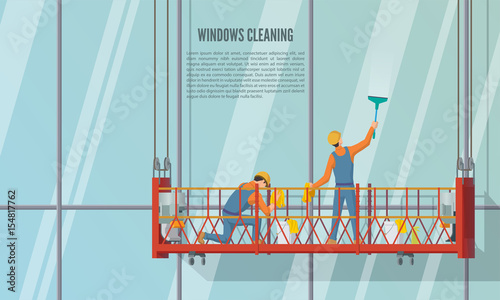 Cleaning team staff cleaning windows skyscrapers with cleaning tools, vector illustration