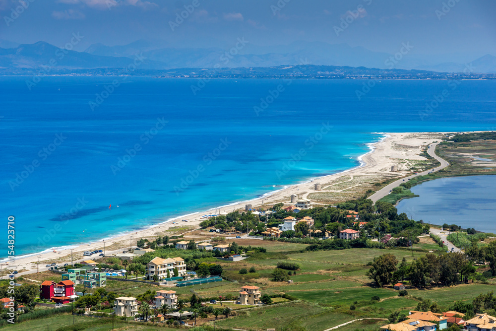 Obraz premium Amazing Panoramic view of Agios Ioanis beach with blue waters, Lefkada, Ionian Islands, Greece