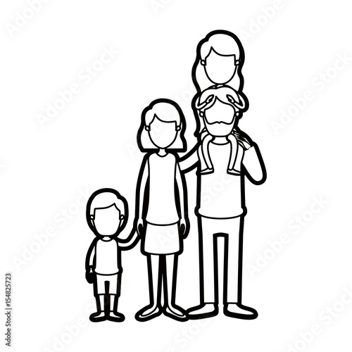 caricature thick contour faceless big family parents with girl on his back and son taken hands vector illustration