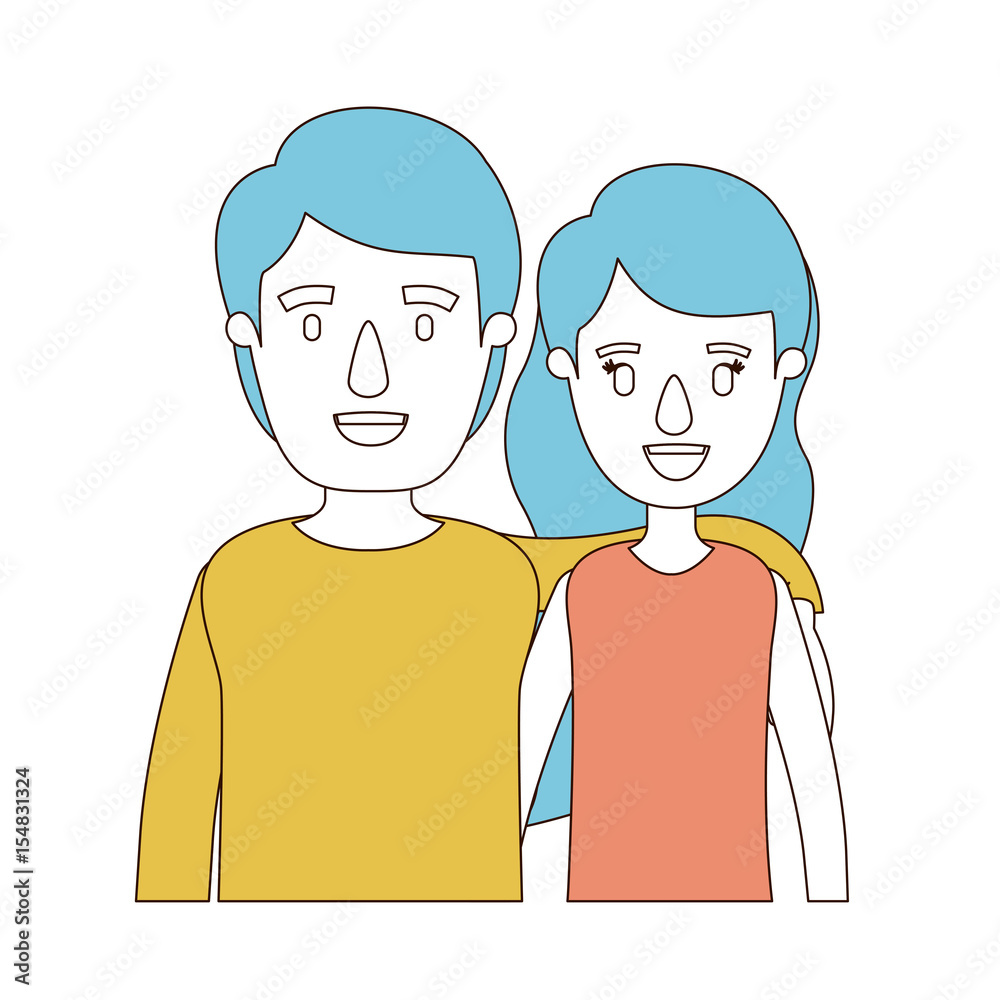 caricature color sections and blue hair of half body woman with long wavy hair and man embracing couple vector illustration caricature color sections and blue hair of half body woman with long wavy hair and man embracing couple vector illustration