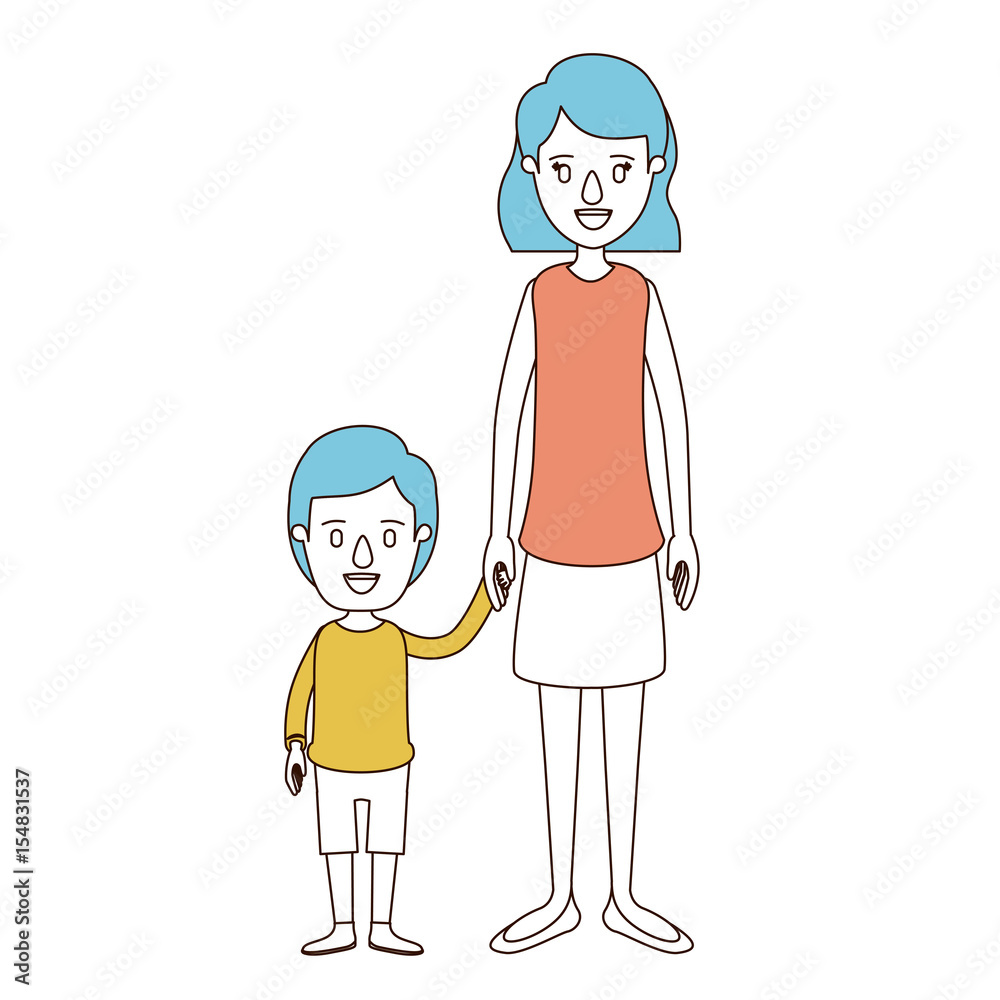 caricature color sections and blue hair of full body mother taken hand with boy vector illustration caricature color sections and blue hair of full body mother taken hand with boy vector illustration
