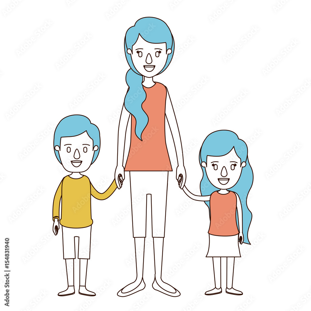 caricature color sections and blue hair of full body mother taken hand with children vector illustration caricature color sections and blue hair of full body mother taken hand with children vector illustration