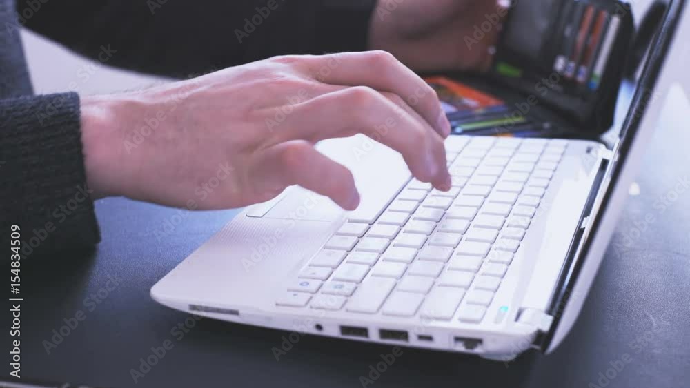 Worker Office Man Work On Laptop, Use Keyboard and Make an Online Purchase Payment