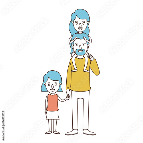 caricature color sections and blue hair of dad with daugther on his back and girl taken hands vector illustration
