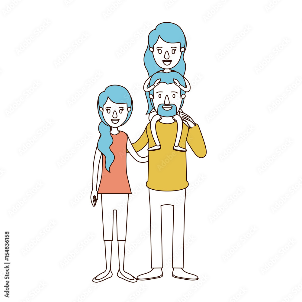 caricature color sections and blue hair of family with mother and father with moustache and girl on his back vector illustration caricature color sections and blue hair of family with mother and father with moustache and girl on his back vector illustration