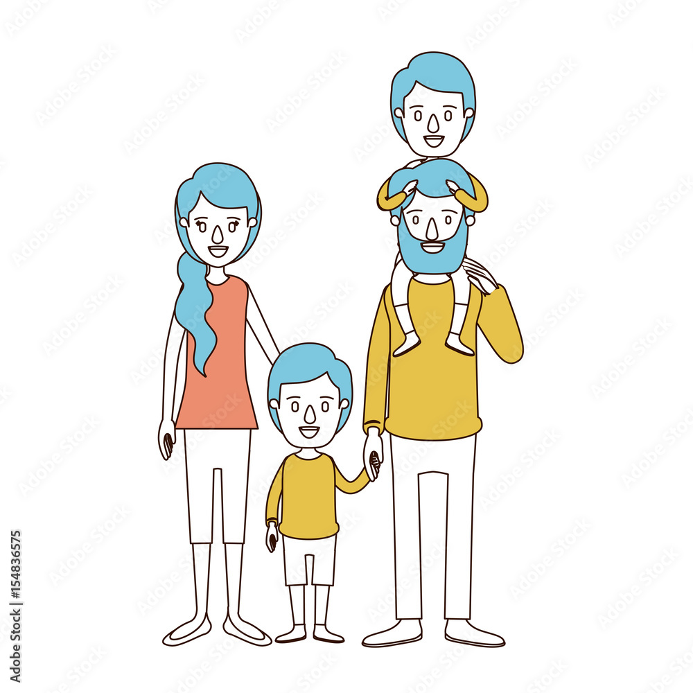 caricature color sections and blue hair of family parents with boy on his back and girl taken hands vector illustration caricature color sections and blue hair of family parents with boy on his back and girl taken hands vector illustration