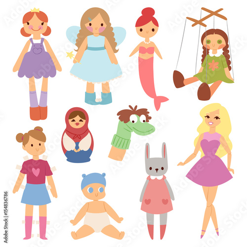 Different dolls fashion young clothes character game dress clothing childhood vector illustration