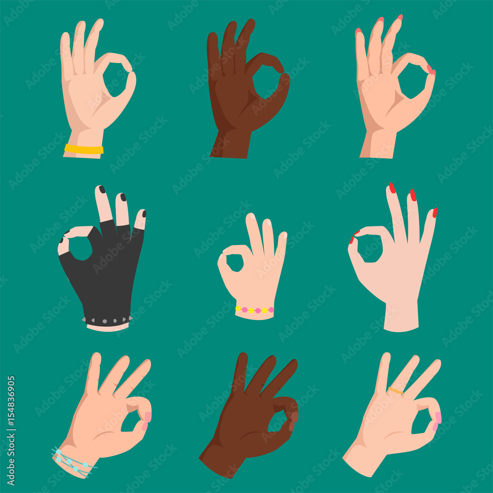 Fototapeta premium Ok hands success gesture okey yes agreement signal business human agree best approval vector.