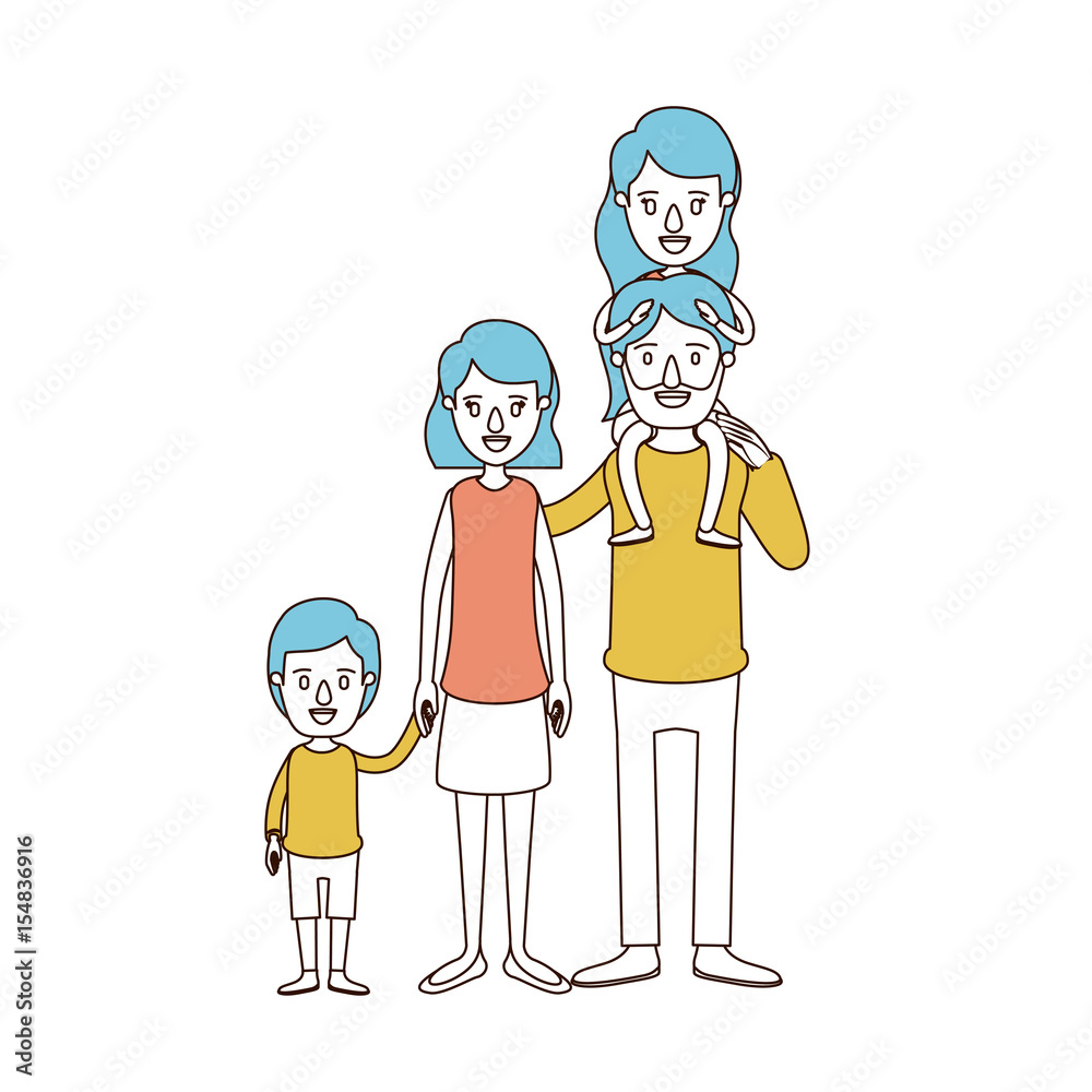 caricature color sections and blue hair of big family parents with girl on his back and son taken hands vector illustration