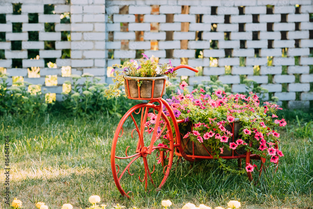 Decorative Vintage Model Old Bicycle Equipped Basket Flowers Garden