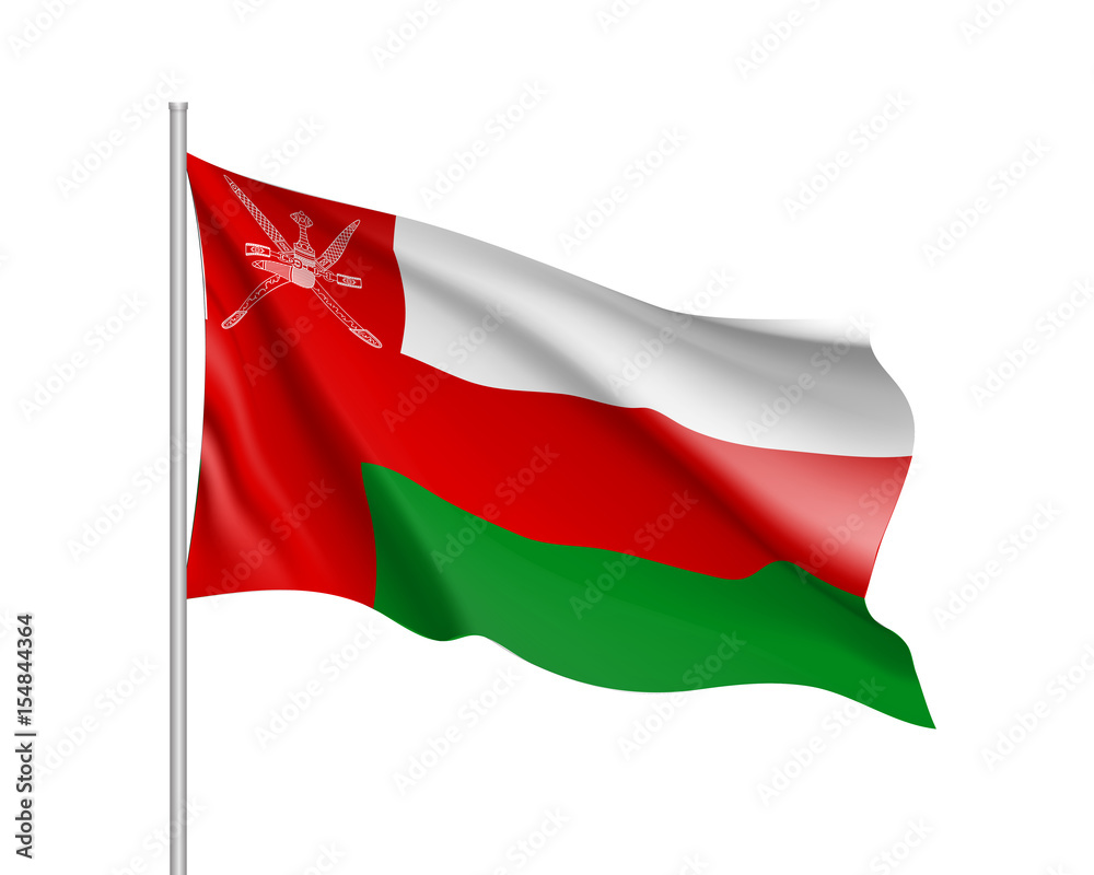 Waving flag of Sultanate of Oman. Illustration of Asian country flag on flagpole. Vector 3d icon isolated on white background Waving flag of Sultanate of Oman. Illustration of Asian country flag on flagpole. Vector 3d icon isolated on white background